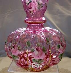 FENTONGLASSVINTAGE40sHD PAINTCHARLETON ROSESRUBY OVRL(CRANBERRY)SRC-8VASE