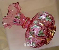 FENTONGLASSVINTAGE40sHD PAINTCHARLETON ROSESRUBY OVRL(CRANBERRY)SRC-8VASE