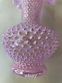 FENTON 10.5 Double Crimped Vase Hobnail Champagne Pink Iridescent Opalescent