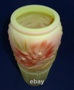 FENTON BURMESE PINK & YELLOW EMBOSSED FLOWER DESIGN 9 1/2 Vase Signed ARTIST