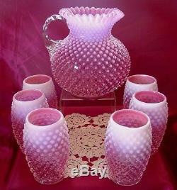 FENTON GLASSSRCVINTAGE1940sCRANBERRY PINKOPALESCENTHOBNAIL7pcWATER SET