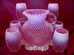 FENTON GLASSSRCVINTAGE1940sCRANBERRY PINKOPALESCENTHOBNAIL7pcWATER SET