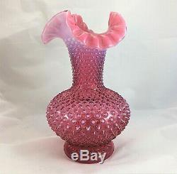 FENTON Glass Cranberry Pink Large Hobnail Vase Ruffle crimped edge 10.5 inches
