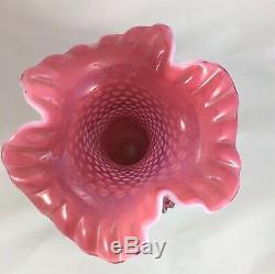 FENTON Glass Cranberry Pink Large Hobnail Vase Ruffle crimped edge 10.5 inches