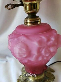 FENTON LG WRIGHT GLASS Pink PUFFY ROSE Parlor Lamp EUC