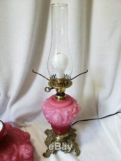 FENTON LG WRIGHT GLASS Pink PUFFY ROSE Parlor Lamp EUC