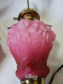 FENTON LG WRIGHT GLASS Pink PUFFY ROSE Parlor Lamp EUC