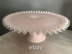 FENTON PINK ART GLASS SILVER CREST CAKE STAND PLATE CRIMPED EDGE VTG 1950s