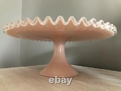 FENTON PINK ART GLASS SILVER CREST CAKE STAND PLATE CRIMPED EDGE VTG 1950s