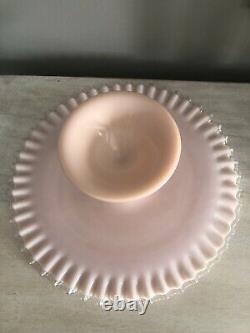 FENTON PINK ART GLASS SILVER CREST CAKE STAND PLATE CRIMPED EDGE VTG 1950s