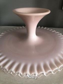 FENTON PINK ART GLASS SILVER CREST CAKE STAND PLATE CRIMPED EDGE VTG 1950s