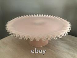 FENTON PINK ART GLASS SILVER CREST CAKE STAND PLATE CRIMPED EDGE VTG 1950s