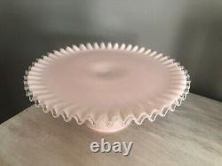 FENTON PINK ART GLASS SILVER CREST CAKE STAND PLATE CRIMPED EDGE VTG 1950s