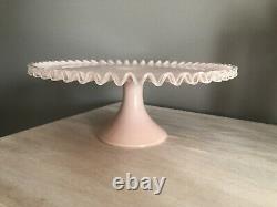 FENTON PINK ART GLASS SILVER CREST CAKE STAND PLATE CRIMPED EDGE VTG 1950s