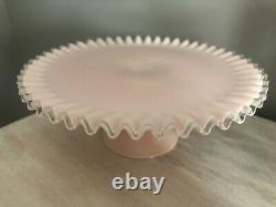 FENTON PINK ART GLASS SILVER CREST CAKE STAND PLATE CRIMPED EDGE VTG 1950s