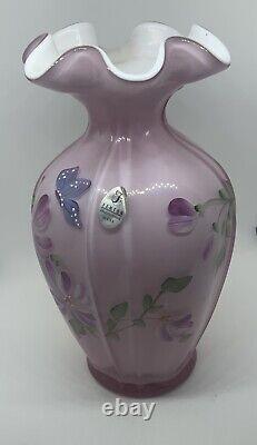 FENTON Pink Art Glass Hand Painted Flowers Ruffled Glass Vase C. Smith