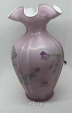 FENTON Pink Art Glass Hand Painted Flowers Ruffled Glass Vase C. Smith