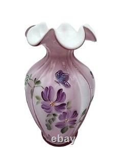 FENTON Pink Cased Art Glass Hand Painted Flowers Ruffled Glass Vase C. Smith
