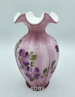 FENTON Pink Cased Art Glass Hand Painted Flowers Ruffled Glass Vase C. Smith