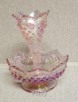 FENTON Pink Opalescent Hobnail Epergne Flower Vase 95th Anniversary Vase