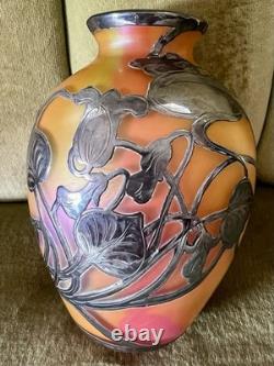 Fabulous Vtg Antique Silver Overlay Loetz Peachy Pink Colorful Art Glass Vase