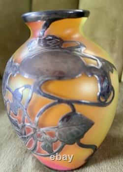 Fabulous Vtg Antique Silver Overlay Loetz Peachy Pink Colorful Art Glass Vase
