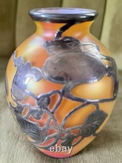 Fabulous Vtg Antique Silver Overlay Loetz Peachy Pink Colorful Art Glass Vase
