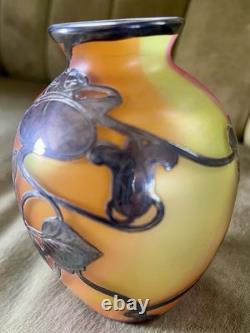 Fabulous Vtg Antique Silver Overlay Loetz Peachy Pink Colorful Art Glass Vase
