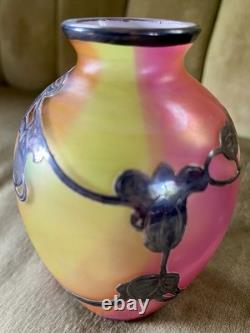 Fabulous Vtg Antique Silver Overlay Loetz Peachy Pink Colorful Art Glass Vase