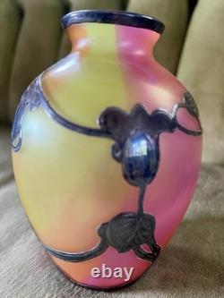 Fabulous Vtg Antique Silver Overlay Loetz Peachy Pink Colorful Art Glass Vase