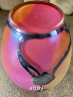 Fabulous Vtg Antique Silver Overlay Loetz Peachy Pink Colorful Art Glass Vase