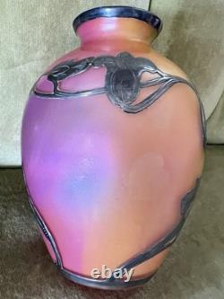 Fabulous Vtg Antique Silver Overlay Loetz Peachy Pink Colorful Art Glass Vase