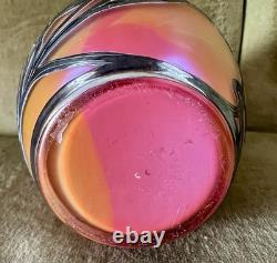 Fabulous Vtg Antique Silver Overlay Loetz Peachy Pink Colorful Art Glass Vase