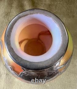 Fabulous Vtg Antique Silver Overlay Loetz Peachy Pink Colorful Art Glass Vase