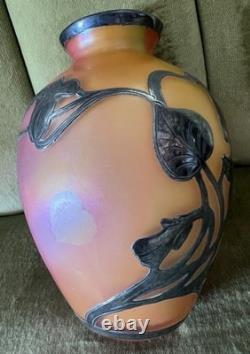 Fabulous Vtg Antique Silver Overlay Loetz Peachy Pink Colorful Art Glass Vase