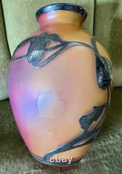 Fabulous Vtg Antique Silver Overlay Loetz Peachy Pink Colorful Art Glass Vase