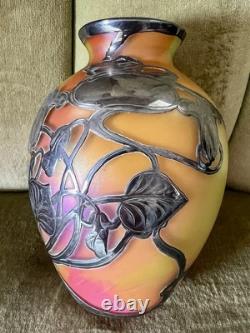 Fabulous Vtg Antique Silver Overlay Loetz Peachy Pink Colorful Art Glass Vase