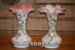 Fenton 192 Peach Crest Pair of Vases, c. 1940-42, Charleton Rose Decoration 8