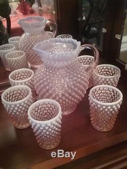 Fenton 1940's Pearlized Pink Opalescent Hobnail Pitcher and 6 Tumblers