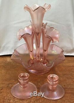 Fenton 4 Horn Vase Epergne Pink/Velva Rose Iridescent Stretch Glass 75th Candles