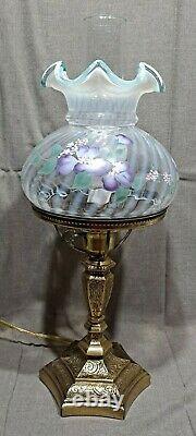 Fenton Art Glass 20 Student Desk Table Lamp Pink & Purple Flowers