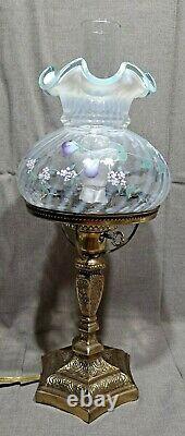 Fenton Art Glass 20 Student Desk Table Lamp Pink & Purple Flowers