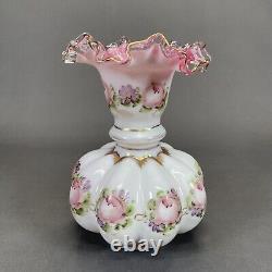 Fenton Art Glass Charleton Vase 8 1/4 Double Crimped Pink White Ruffled Edge