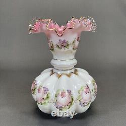 Fenton Art Glass Charleton Vase 8 1/4 Double Crimped Pink White Ruffled Edge