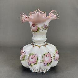 Fenton Art Glass Charleton Vase 8 1/4 Double Crimped Pink White Ruffled Edge