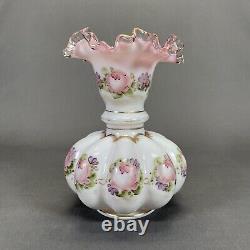 Fenton Art Glass Charleton Vase 8 1/4 Double Crimped Pink White Ruffled Edge