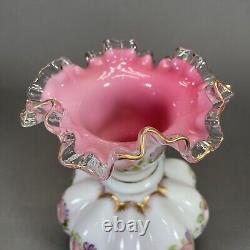 Fenton Art Glass Charleton Vase 8 1/4 Double Crimped Pink White Ruffled Edge