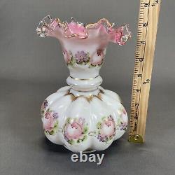 Fenton Art Glass Charleton Vase 8 1/4 Double Crimped Pink White Ruffled Edge