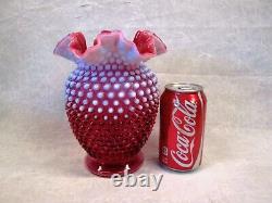 Fenton Art Glass Cranberry Opalescent HOBNAIL Crimpt 7 7/8 tall Vase Pink