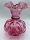 Fenton Art Glass Cranberry Pink Ruffle Top Melon Shape Vase